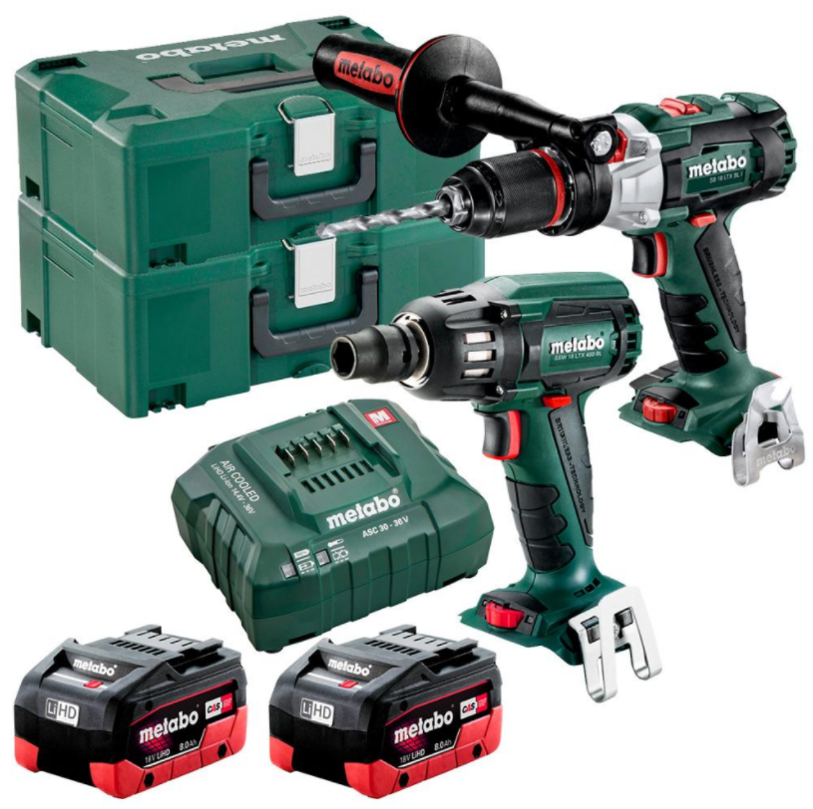 Picture of 18 V BRUSHLESS, HAMMER DRILL /SCREWDRIVER 120 NM +
18 V BRUSHLESS 1/2 IMPACT WRENCH 130-400 NM
(2 x 8.0 AH LIHD BATTERY PACKS, ASC 55 V AIR-COOLED CHARGER, 2 x METALOC II CASES)