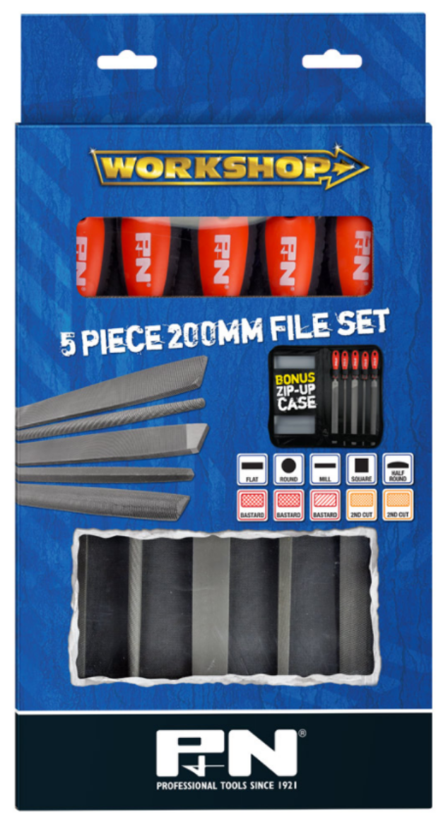 Picture of FILE SET 5PC 200mm(8") Flat,Rnd,Millsaw Bast Hlf Rnd&Sq 2Cut