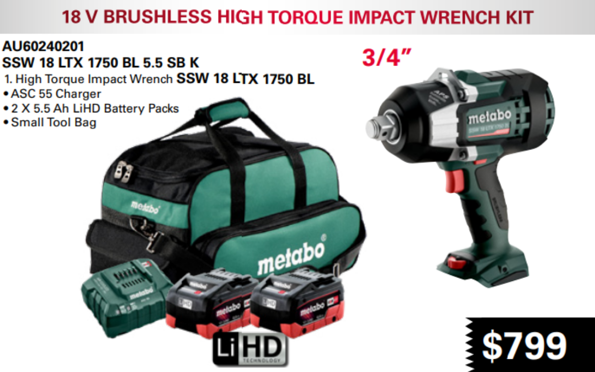 Picture of METABO SSW 18 LTX 1750 BL Cordless 3/4" Impact Drive, 2 x 5.5ah, Charger and Bag