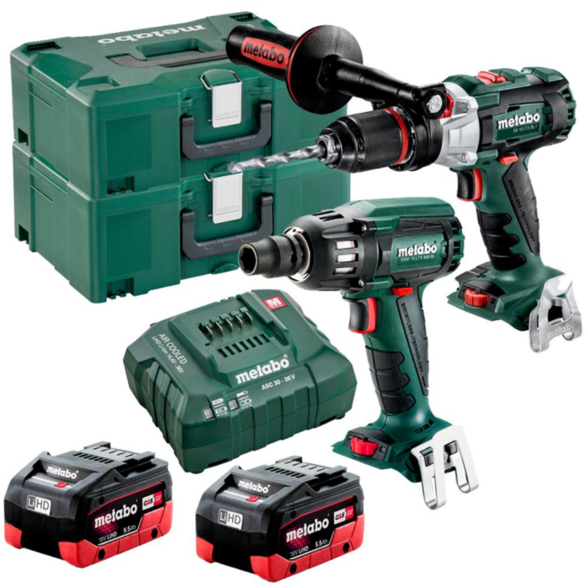 Picture of 18 V BRUSHLESS, HAMMER DRILL /SCREWDRIVER 120 NM +
18 V BRUSHLESS 1/2 IMPACT WRENCH 130-400 NM
(2 x 5.5 AH LIHD BATTERY PACKS, ASC 55 V AIR-COOLED CHARGER, 2 x METALOC II CASES)