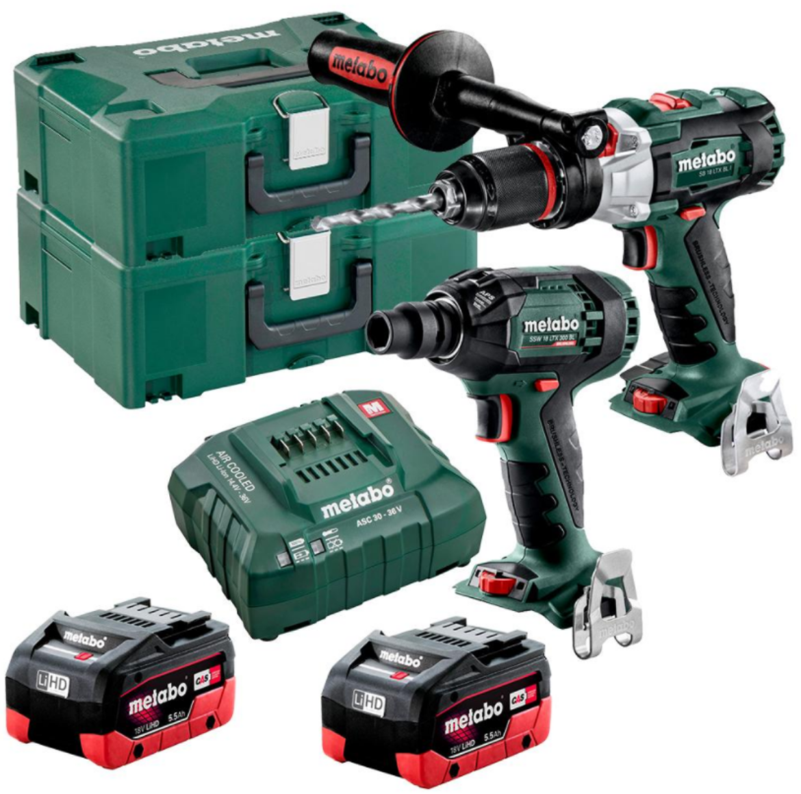 Picture of 18 V BRUSHLESS, HAMMER DRILL/SCREWDRIVER 120 NM +
18 V BRUSHLESS 1/2 IMPACT WRENCH 300 NM
(2 x 5.5 AH LIHD BATTERY PACKS, ASC 55 V AIR-COOLED CHARGER, 2 x METALOC II CASES)