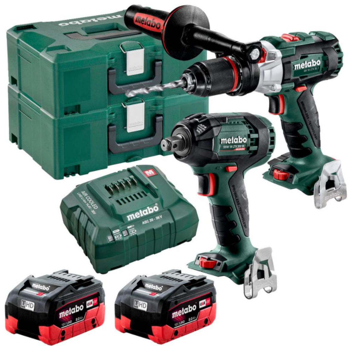 Picture of 18 V BRUSHLESS, HAMMER DRILL/SCREWDRIVER 120 NM +
18 V BRUSHLESS 1/2 IMPACT WRENCH 300 NM
(2 x 8.0 AH LIHD BATTERY PACKS, ASC 55 V AIR-COOLED CHARGER, 2 x METALOC II CASES)