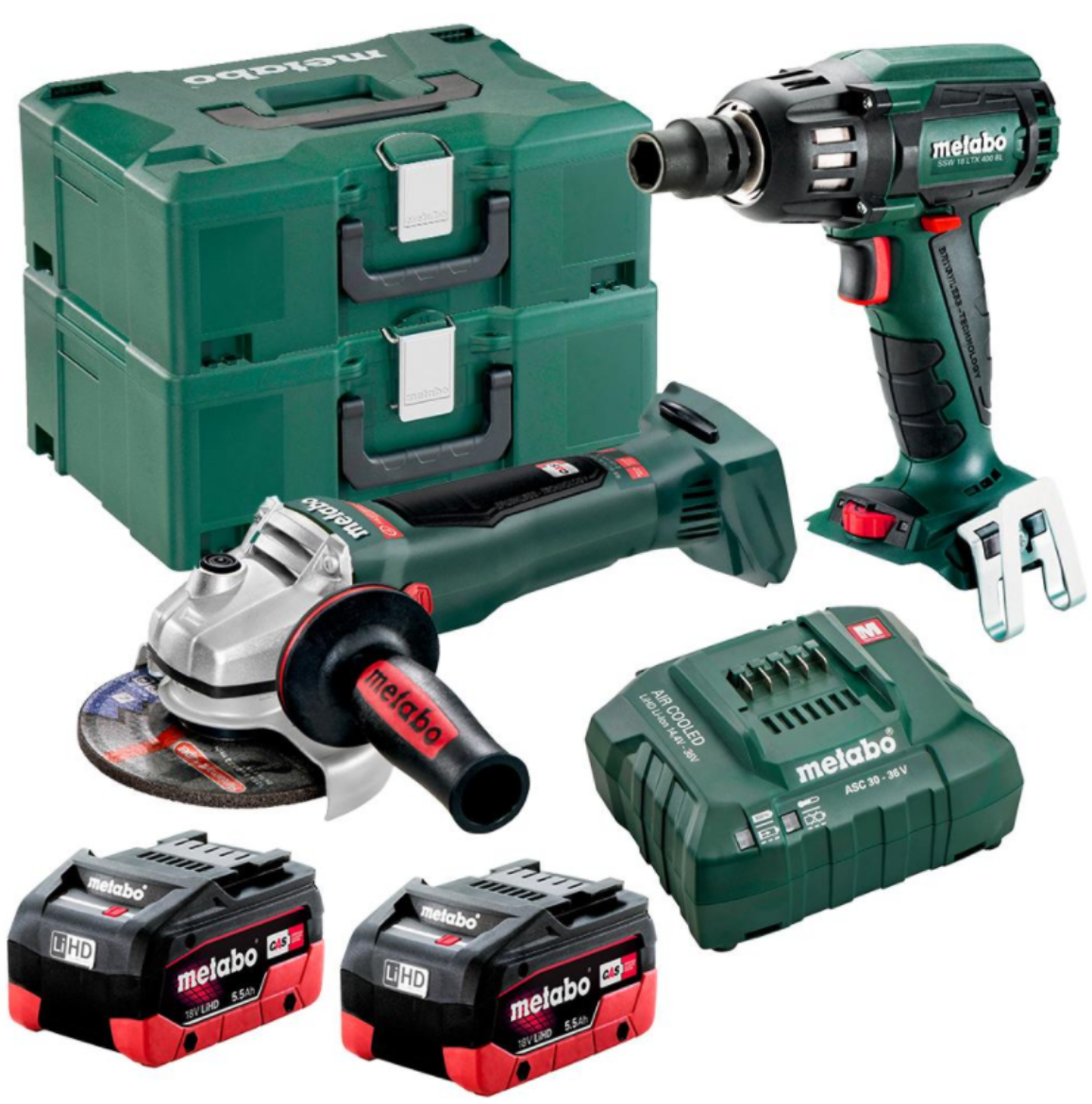 Picture of 18 V BRUSHLESS 1/2 IMPACT WRENCH 130-400 NM +
18 V BRUSHLESS 125 MM ANGLE GRINDER WITH BRAKE & QUICK LOCKING NUT
(2 x 5.5AH LIHD BATTERY PACKS, ASC 55 V AIR-COOLED CHARGER, 2 x METALOC CASES)