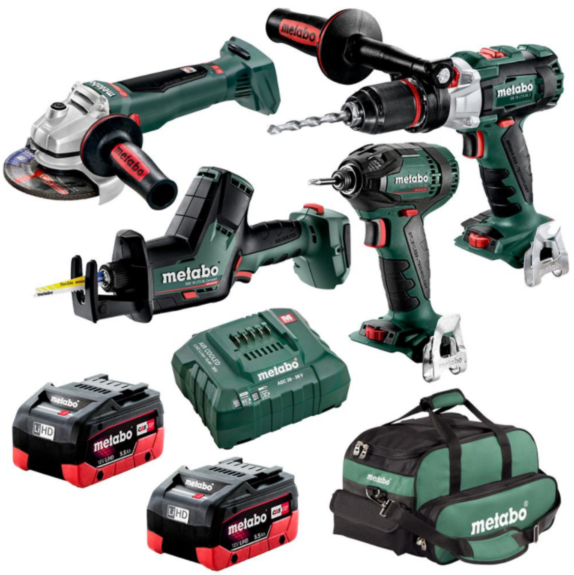 Picture of METABO 4 PIECE SET BRUSHLESS HAMMER+ IMPACT DRIVER+ ANGLE GRINDER+ COMPACT SABRE SAW + 2 X 5.5AH BATTERIES + CHARGER + TOOLBAG - BL4SB2HD5.5AQ