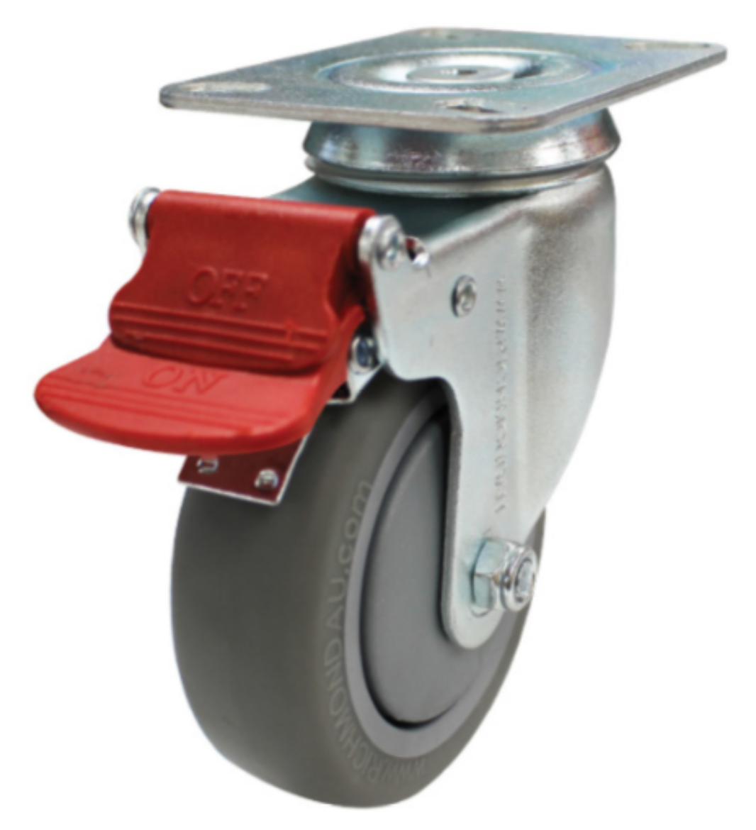 Picture of 100 GRAY RUBBER  BALL BRG SWIVEL  PLATE WITH BRAKE 100KG (S4104B)