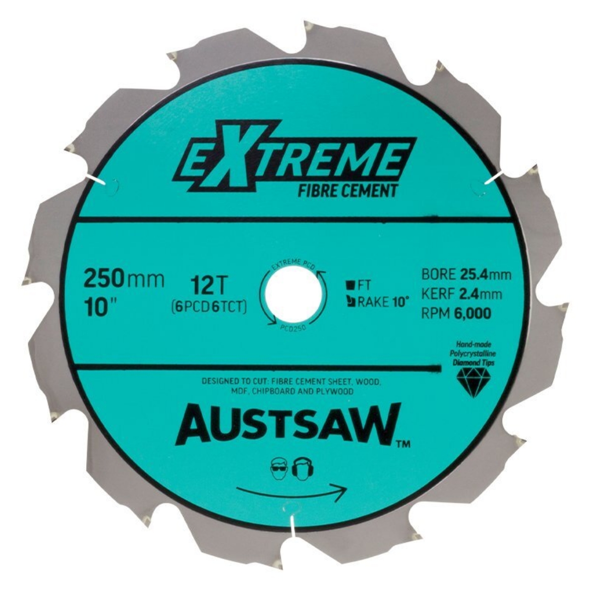 Picture of Austsaw - 250mm (10in) Polycrystalline Diamond Blade - 25.4mm Bore - 6PCD6TCT Teeth