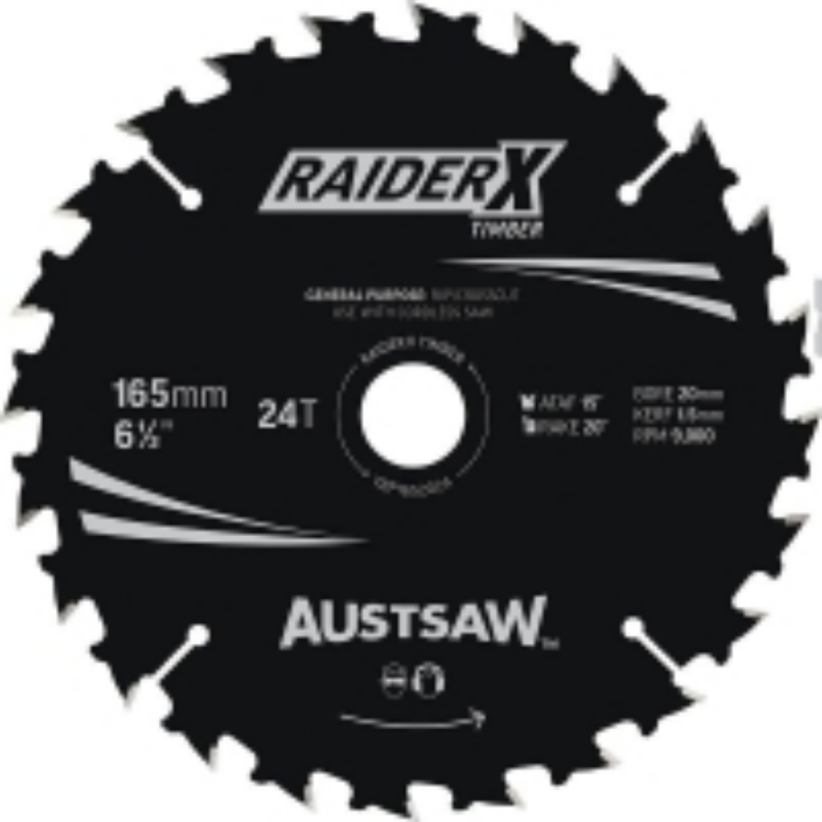 Picture of Austsaw RaiderX Timber Blade 165mm x 20/16 Bore x 24 T Thin Kerf
