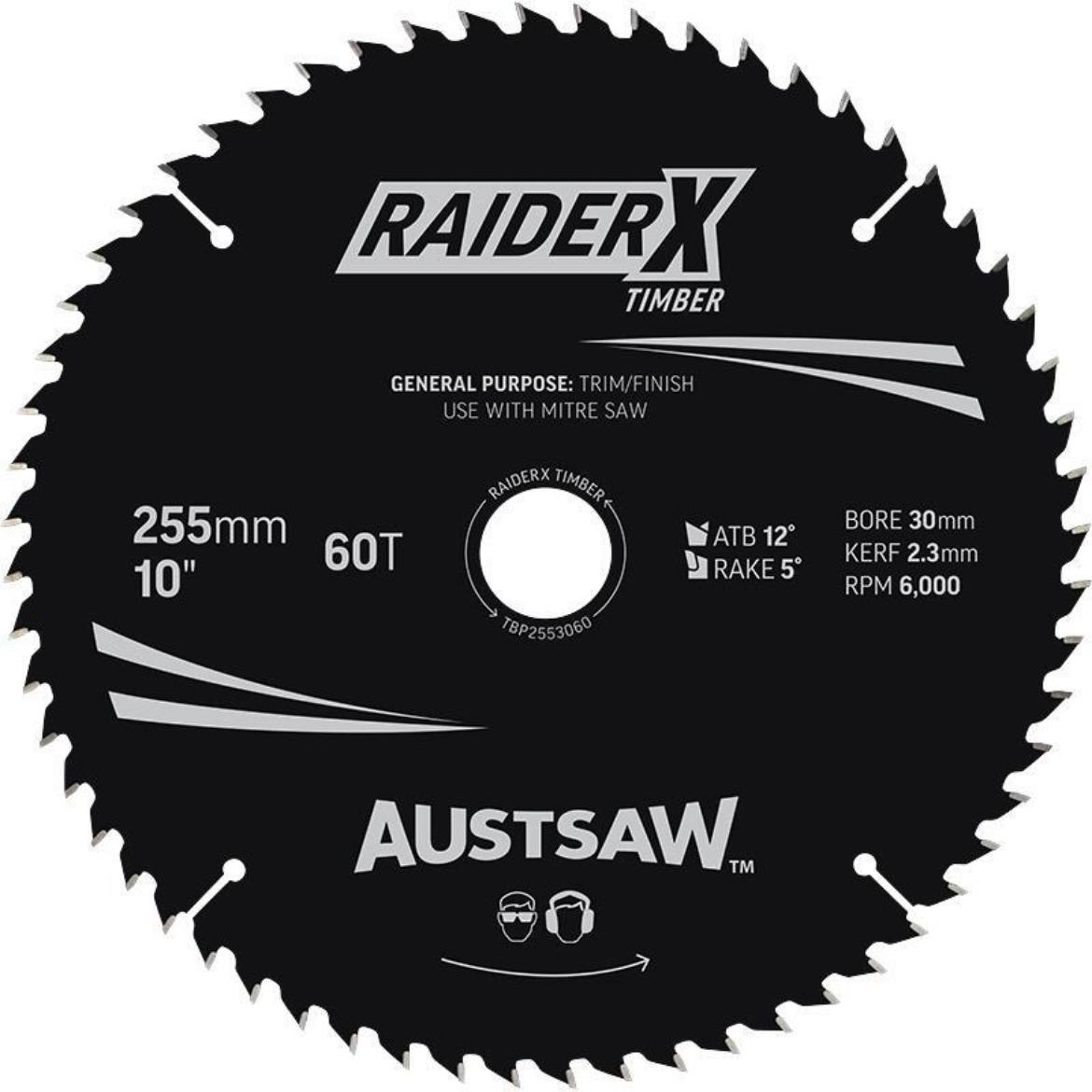 Picture of Austsaw RaiderX Timber Blade 255mm x 30 Bore x 25.4mm Bush 60 T Thin Kerf