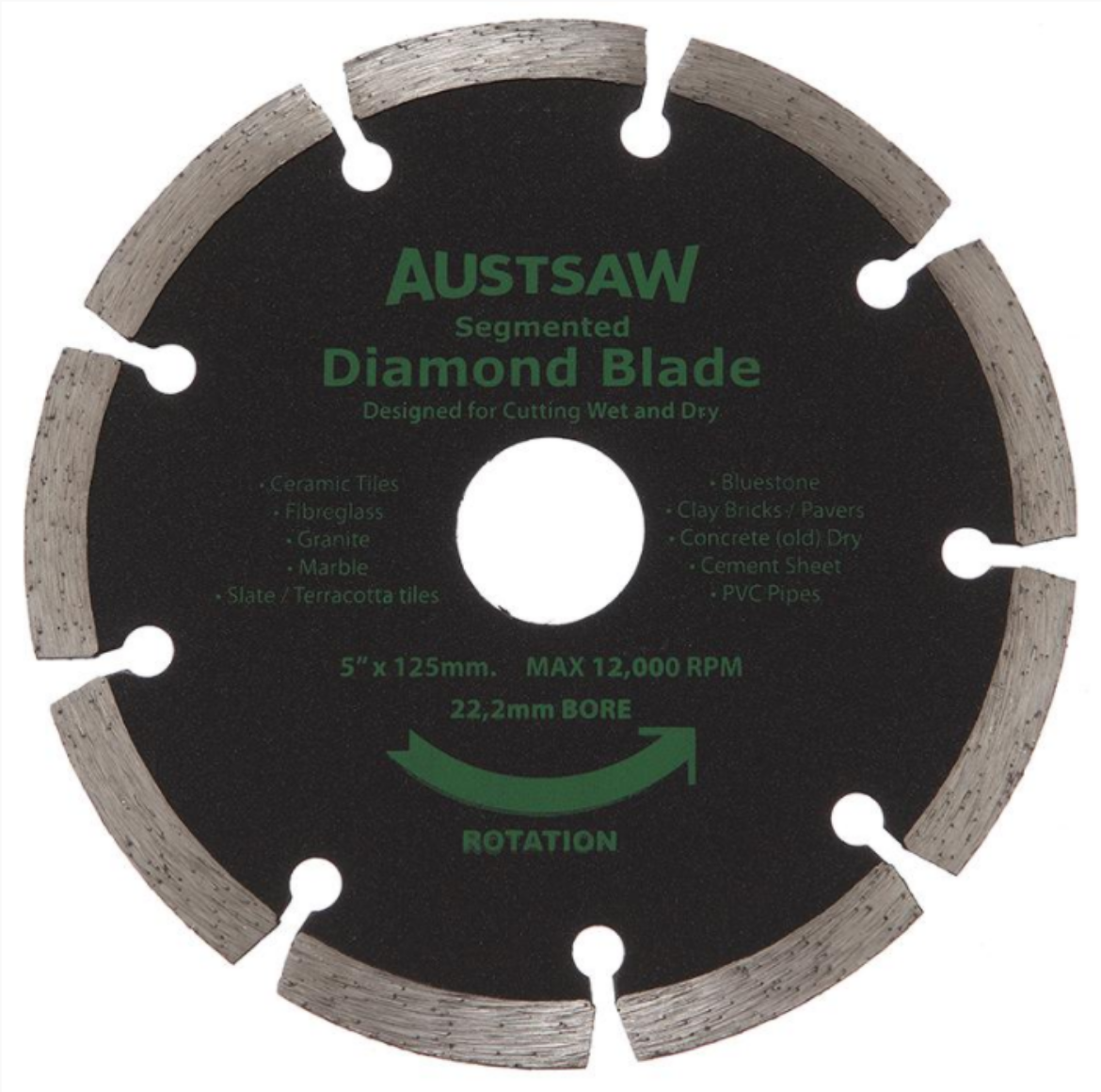 Picture of Austsaw Super Turbo Diamond Cutting Blade Segmented 5" 22.2 mm Bore Maximum Speed 12,000 RPM