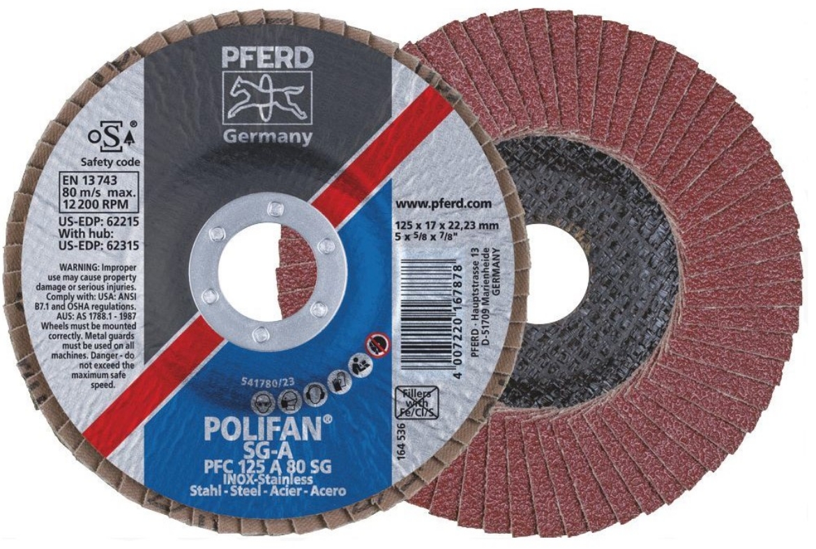 Picture of PFERD 5" POLIFAN FLAP DISC PREMIUM ALUMINIUM OXIDE - STEEL / INOX PFC 125 A 80 SG