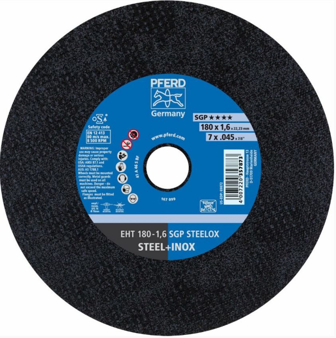 Picture of PFERD 7"/180MMX1.6MM CUT-OFF WHEEL PREMIUM - STEEL/INOX EHT 180-1.6  SGP STEELOX