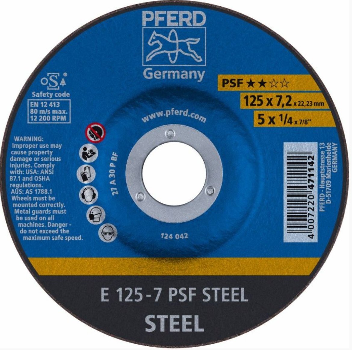 Picture of PFERD 5"/125MMX7.2MM GRINDING WHEEL STEEL E125-7 PSF - GP DEPRESSED CENTRE