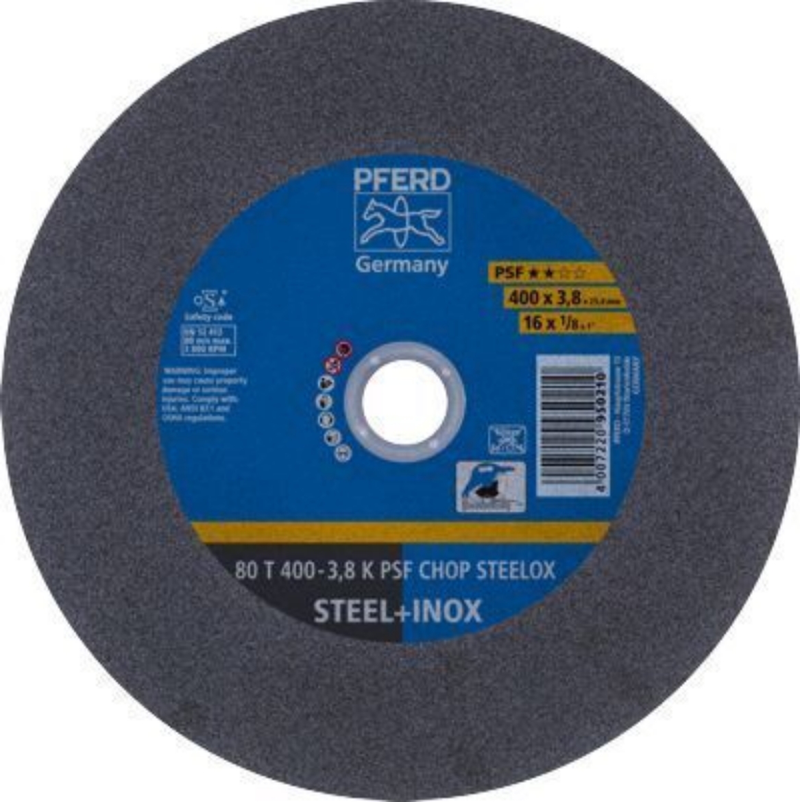 Picture of PFERD 16"X3.8MM CUT OFF WHEEL LOW SPEED - GP - STEEL & STAINLESS STEEL -  80T 400-3,8 K PSF CHOP BORE 25.4MM
