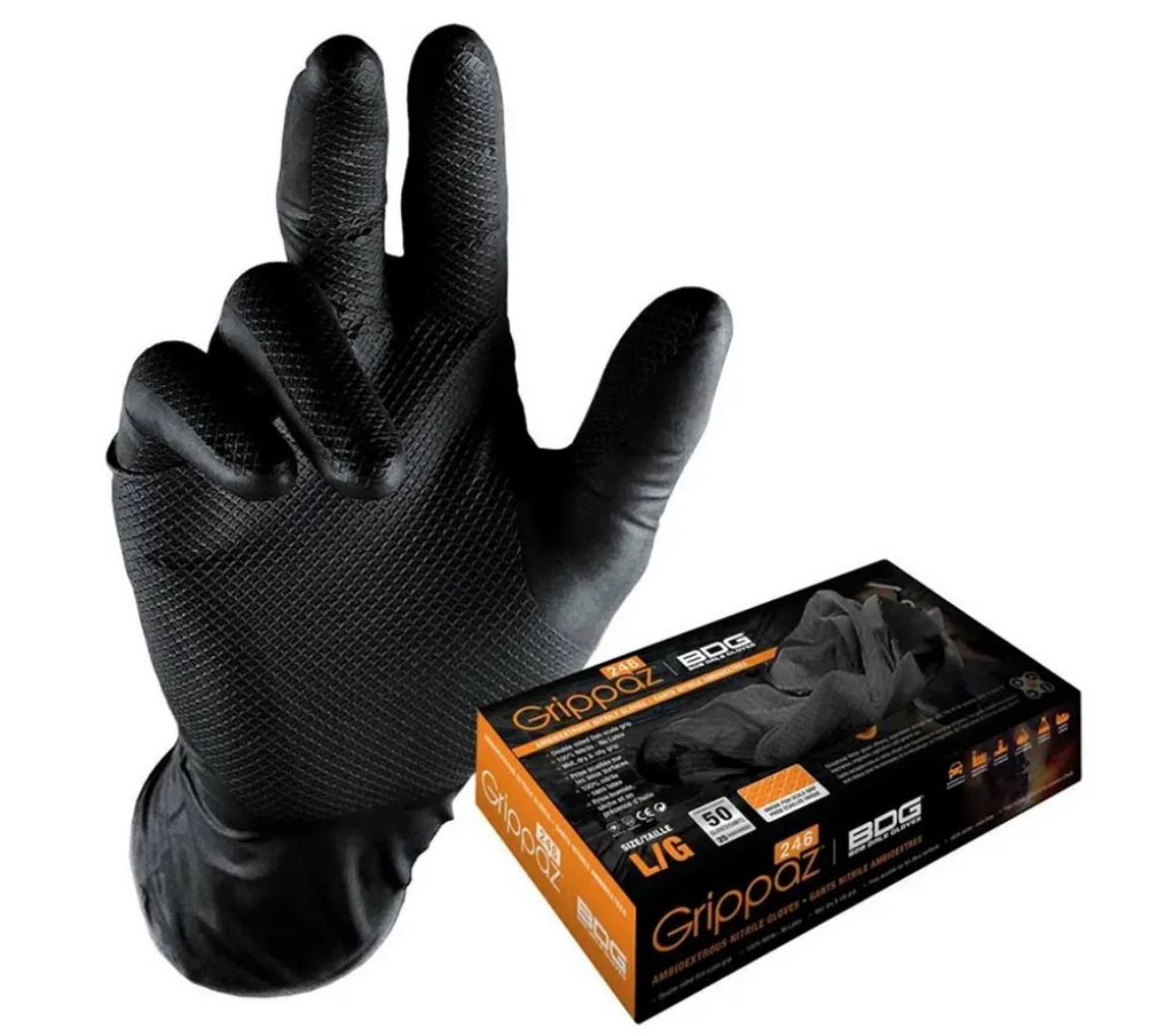 Picture of GRIPPAZ LARGE NON-SLIP BLACK DISPOSABLE NITRILE GLOVES