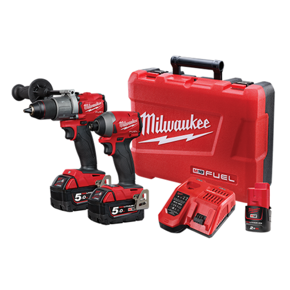Picture of MILWAUKEE GEN III FUEL 18V 2 PIECE 5AH COMBO (Contains:1x M18FPD2-0 Hammer Drill/Driver, 1x M18FID2-0 Hex Impact Driver, 2x 5.0Ah Batteries, Bonus 12V 2.0Ah Battery, Carry Case)