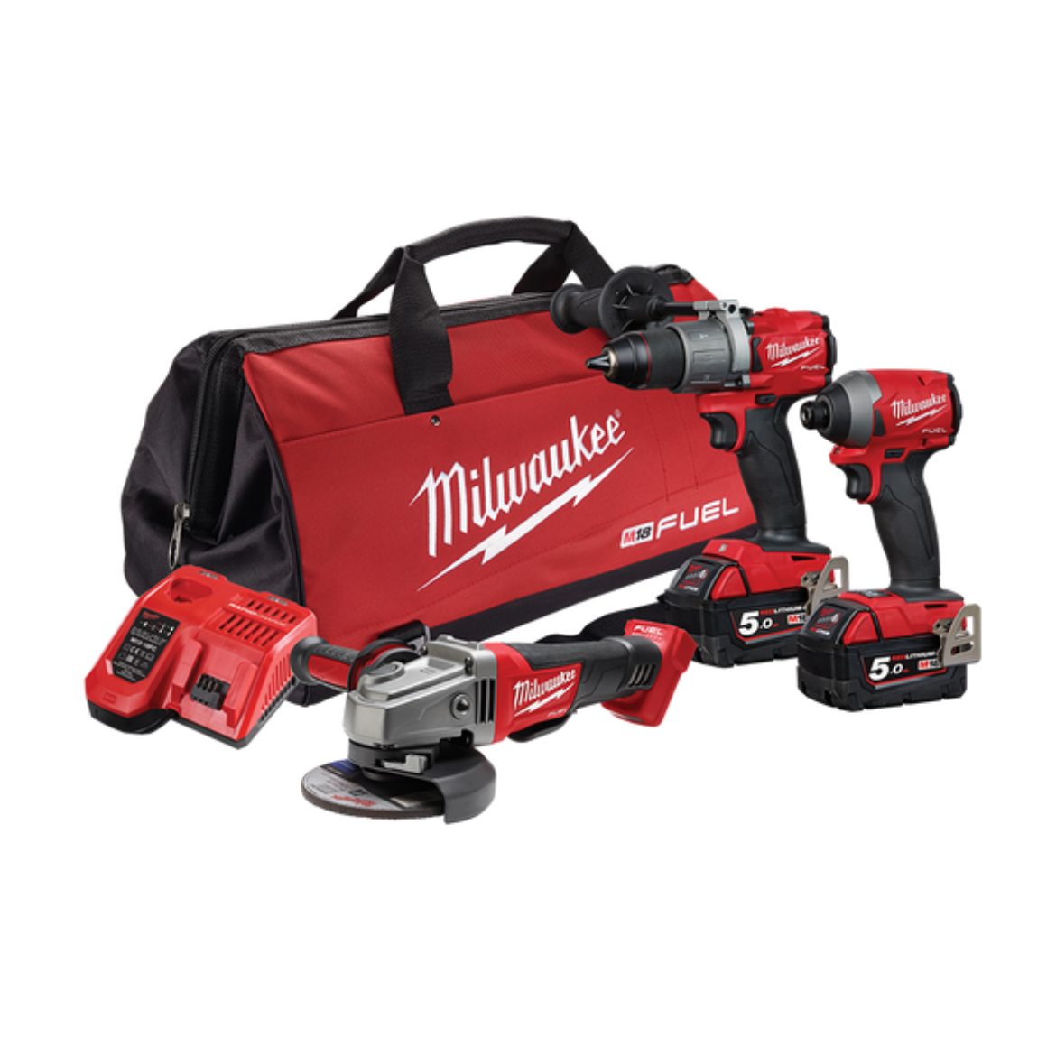 Picture of MILWAUKEE 3PC KIT M18 13MM HAMMER DRILL/DRIVER, 1/4" HEX IMPACT DRIVER, 5"GRINDER, 2 X 5 Ah BATTERY