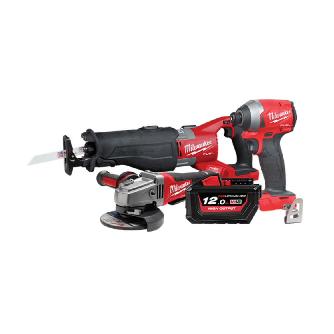 Picture of MILWAUKEE 3PC KIT M18 SABRE SAW, HEX IMPACT DRIVER, 5"GRINDER, 1X12Ah BATTERY