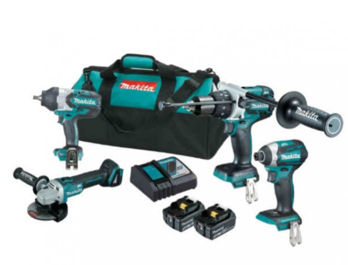 Picture of MAKITA 4 Piece BRUSHLESS Combo Kit - DHP481Z, DTD154Z, DGA504Z, DTW1002Z, 2 x BL1850B, DC18RC & Tote Carry Bag