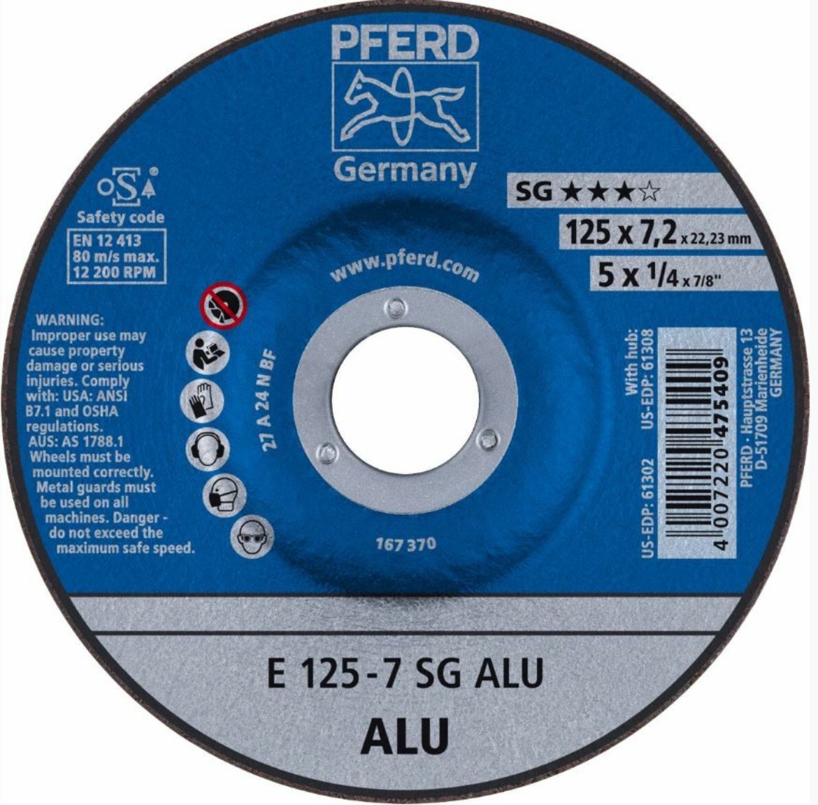 Picture of PFERD 5"X7.2MM GRINDING WHEEL D/C 125-7 SG ALUMINIUM