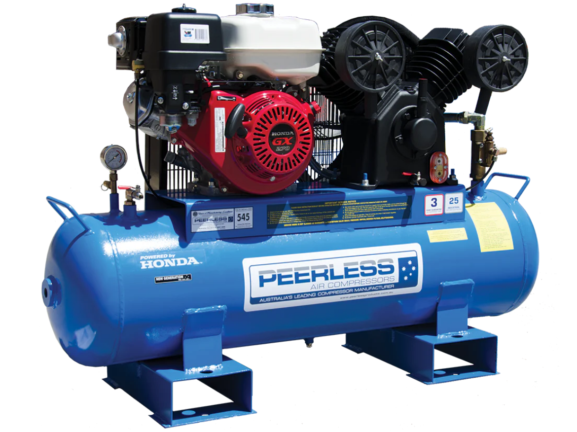 Picture of PEERLESS PV25PFBES PETROL COMPRESSOR, ELECTRIC START,  FATBOY - IDLER CONTROL, BELT DRIVE,  HONDA GX270, 545LPM @ 100PSI, MAX 145PSI, 110L