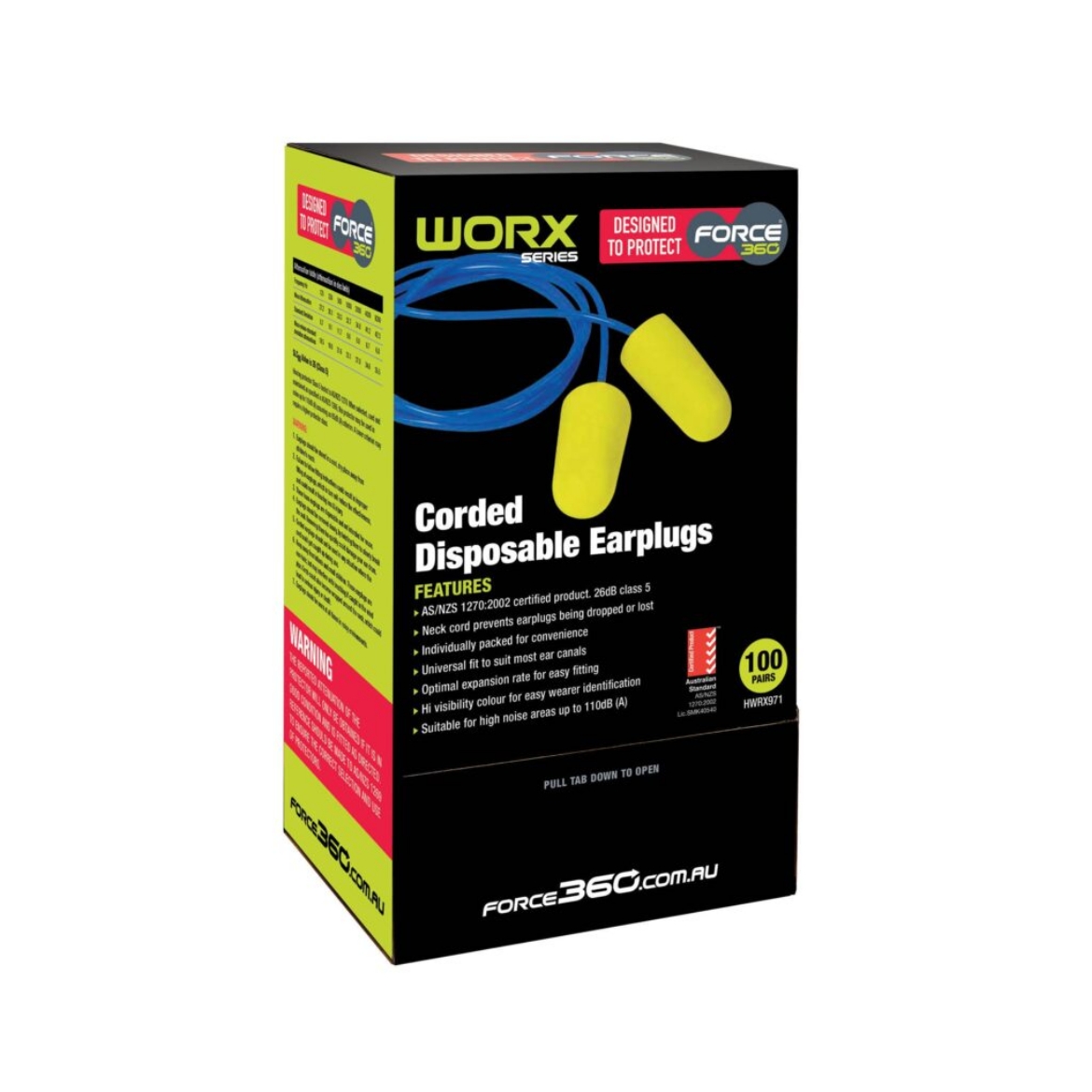 Picture of Force360 Bullet Shaped Corded Disposable Earplug Class 5, 26dB (100pr Per Box)