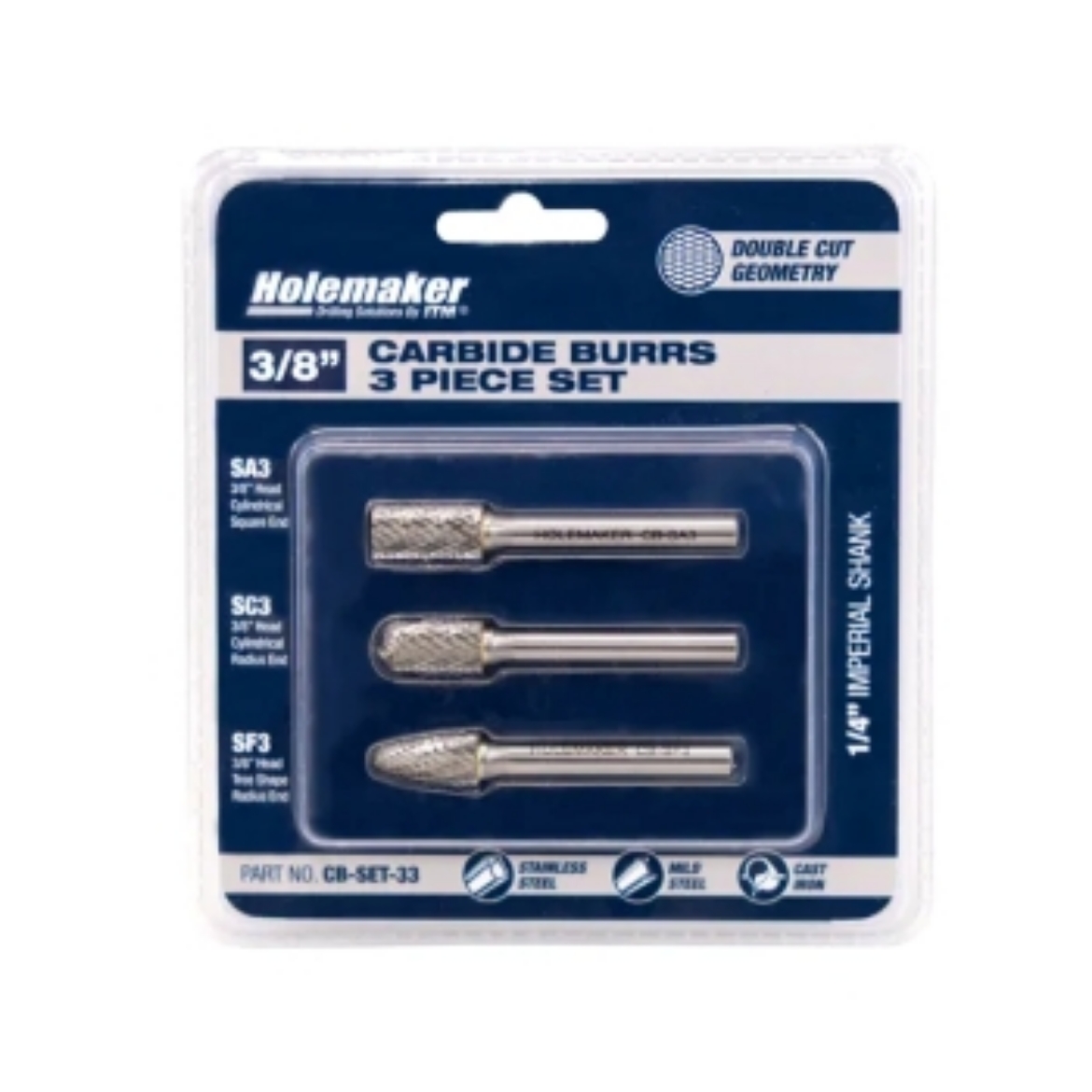 Picture of HOLEMAKER CARBIDE BURR SET, BLISTER PACK, 3PCE SA3, SC3, SF3